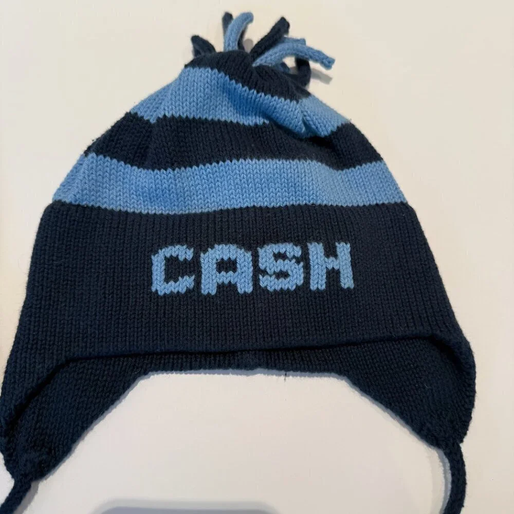 Set of 2 Navy Blue, Light Blue & Green Striped Cotton Knit Baby Kids Earflap Hat